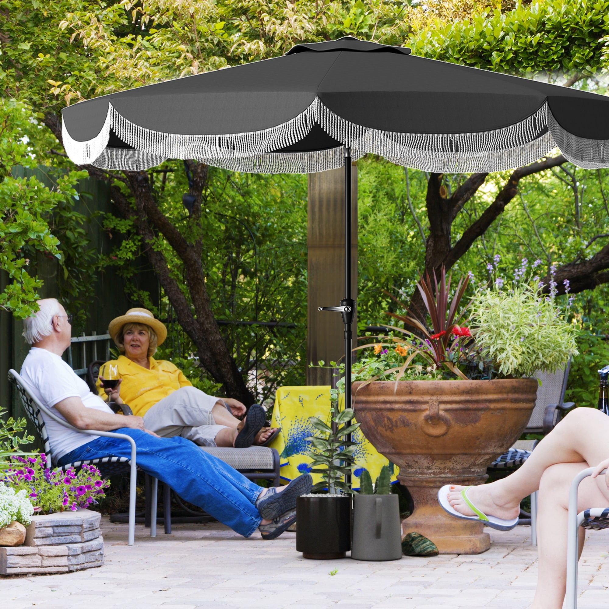 Outsunny 9FT Patio Umbrella, UPF 30+ Outdoor Market Umbrella, Vented Patio Table Umbrella with Crank, 8 Ribs, Push Button Tilt, Charcoal Gray