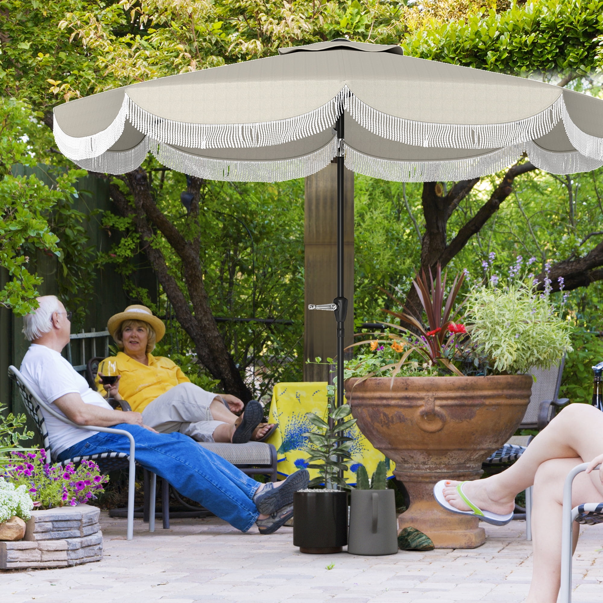 Outsunny 9FT Patio Umbrella, UPF 30+ Outdoor Market Umbrella, Vented Patio Table Umbrella with Crank, 8 Ribs, Push Button Tilt, Light Gray