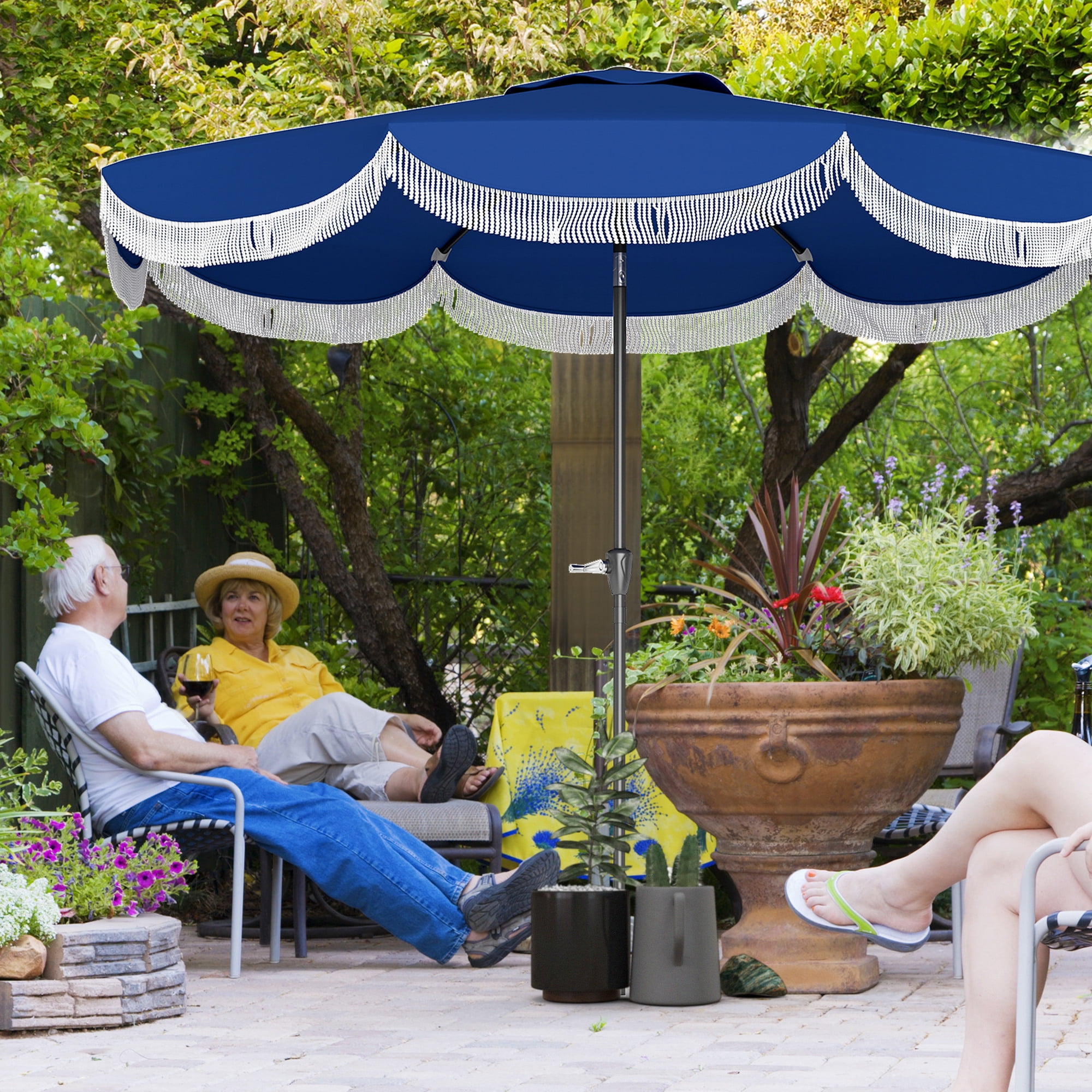 Outsunny 9FT Patio Umbrella, UPF 30+ Outdoor Market Umbrella, Vented Patio Table Umbrella with Crank, 8 Ribs, Push Button Tilt, Navy Blue
