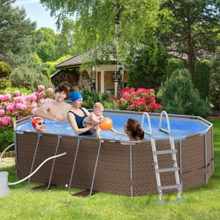 Outsunny 14' x 10' x 3' Above Ground Swimming Pool for 1-6 People, Rectangular Steel Frame, Non-Inflatable, Filter Pump, Brown
