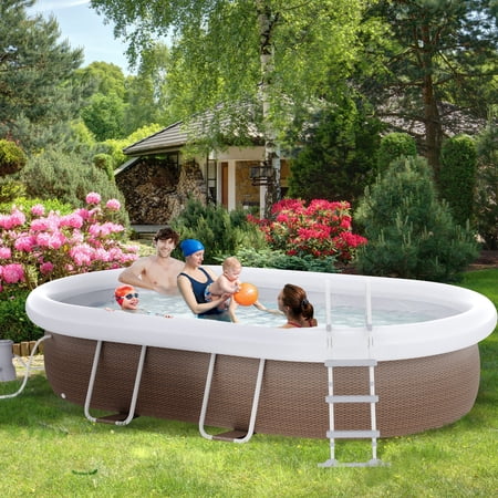 Outsunny Above Ground Swimming Pool, Semi-Inflatable Frame Pool, Brown