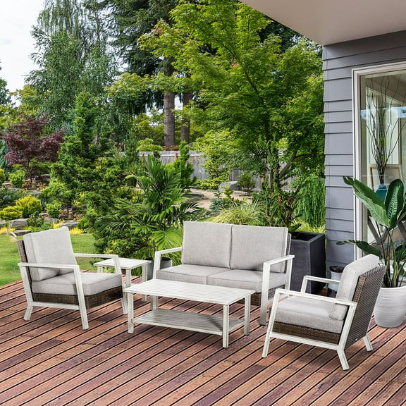 Outsunny Aluminum Patio Furniture Set, 5 Piece Modern Outdoor Conversation Set with Loveseat Sofa, Chairs, Cushions, Coffee Table & Side Table, Gray
