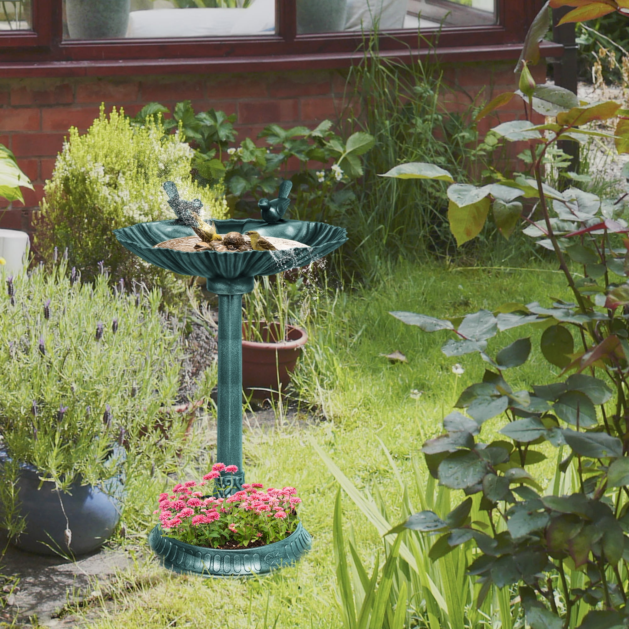Outsunny Antique Bird Bath with Planter Pedestal, Vintage Decorative Birdbath, Bird Feeder Bowl, Verdigris