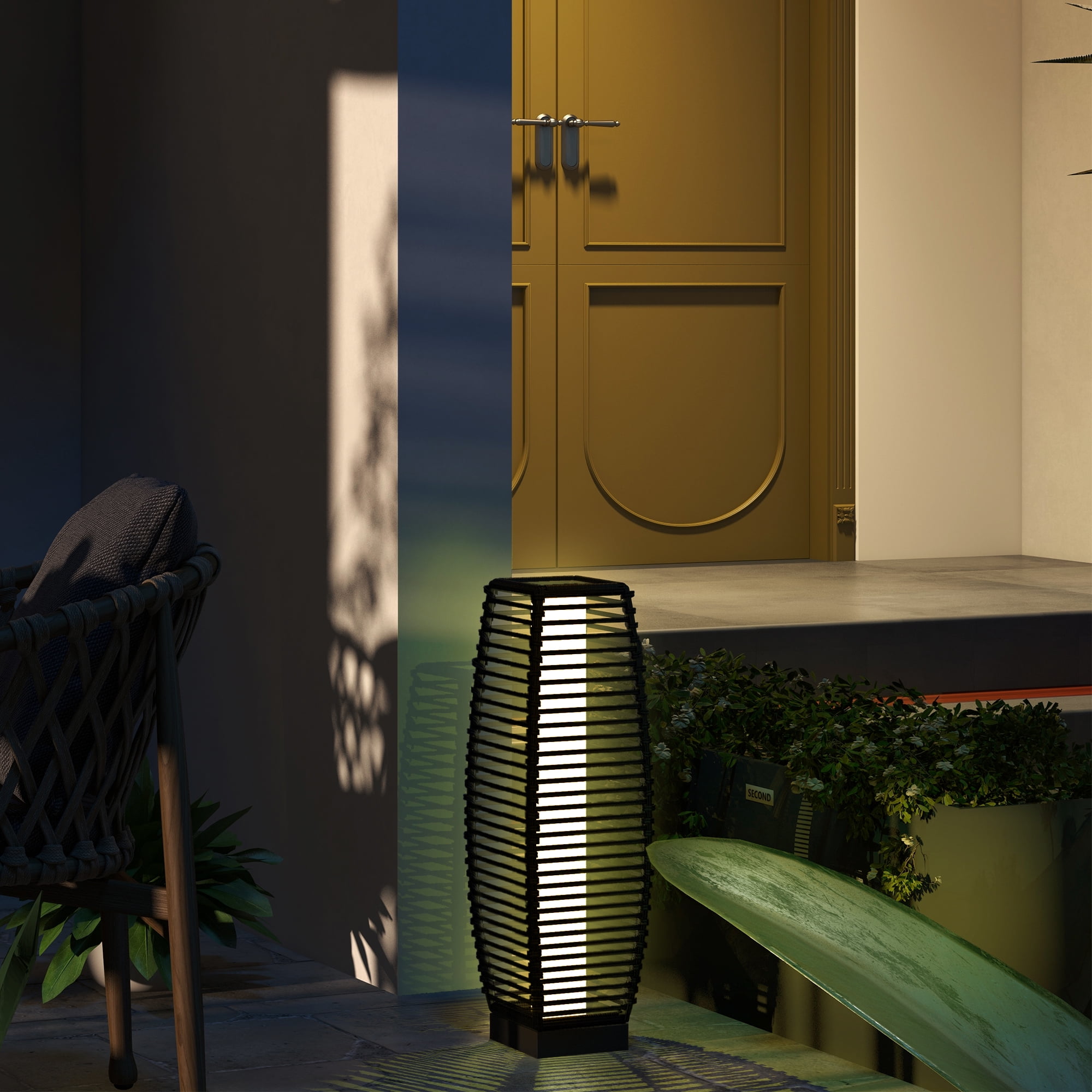 Black Rattan Solar Powered LED Outdoor Pathway Floor Lamp