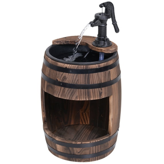 Outsunny Barrel Water Fountain Wood Metal Rustic Outdoor Apple Garden Decor Pump with Flower Planter