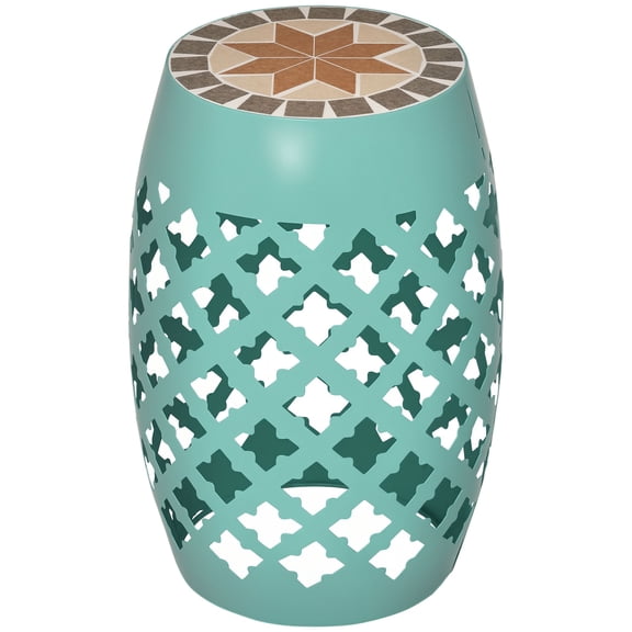 Outsunny Blue Mosaic Garden Stool, 12" Round Decorative Ceramic Tile Side Table with Steel Frame, Versatile Outdoor Accent Plant Stand for Patio, Balcony, and Living Room