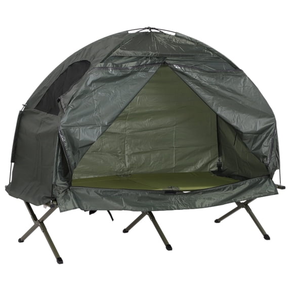Outsunny Camping Tent Cot Combo, Single Person Folding Elevated Camping Bed with Tent, Zipper Door, Carry Bag, Green