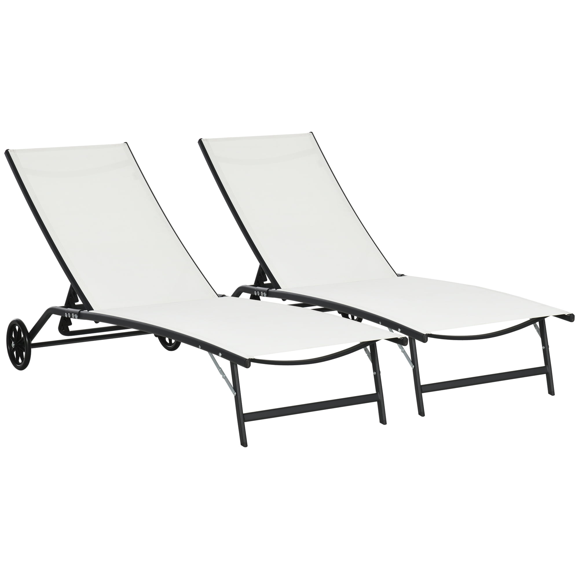 Outsunny Chaise Lounge Chair Pool Chair with Two Wheels Set of 2, Cream