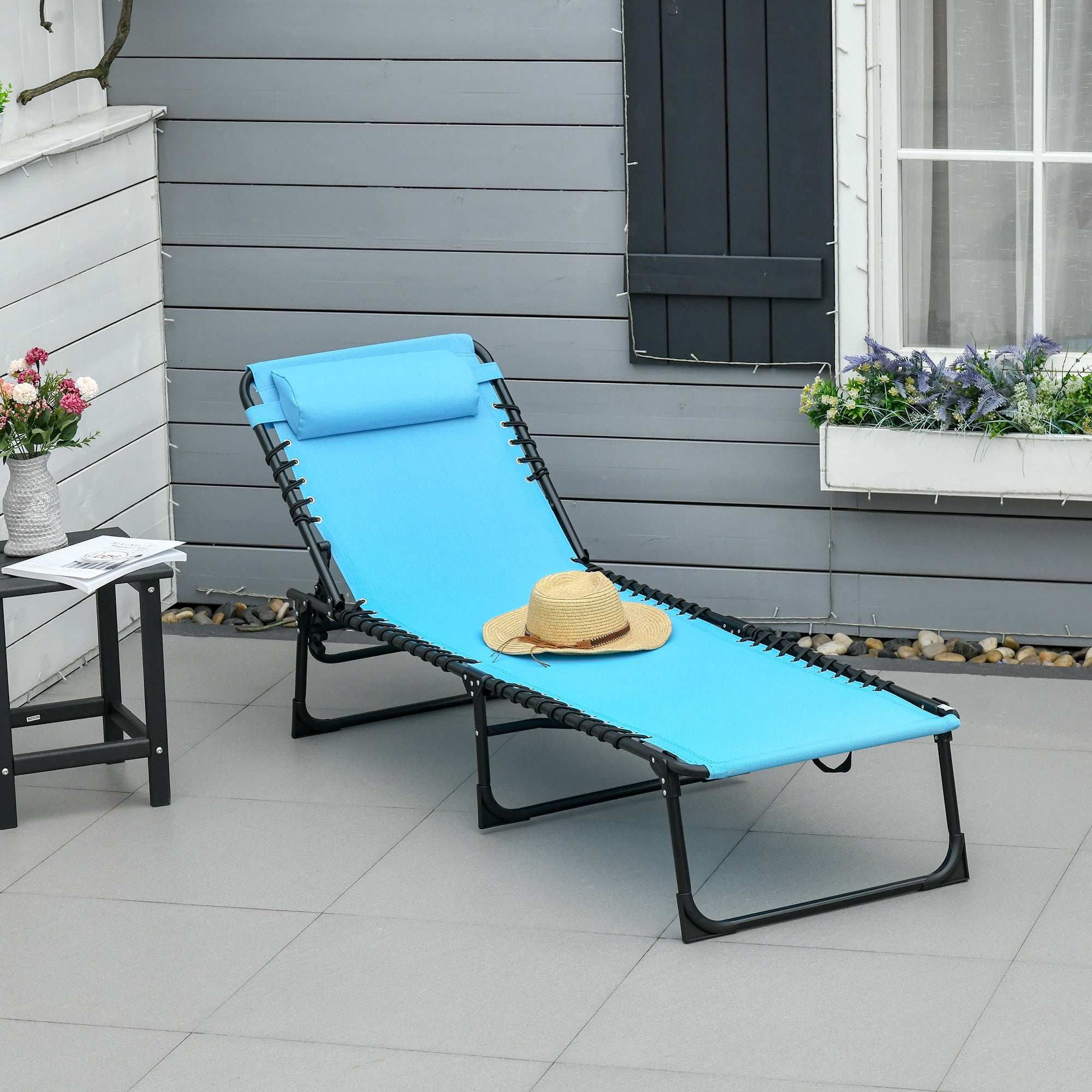 Light Blue Steel Folding Chaise Lounge Chair with Cushions