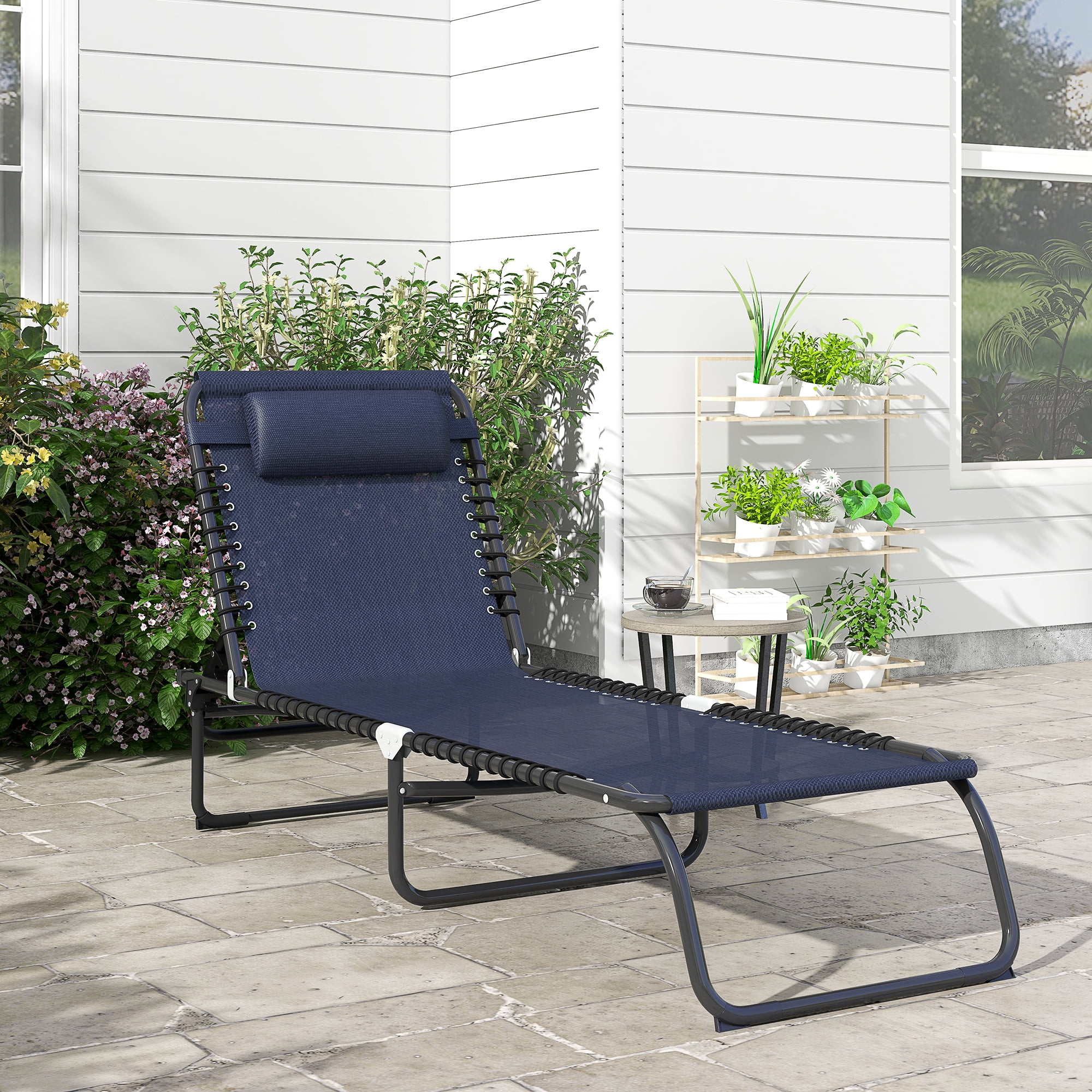 Dark Blue Folding Steel Frame Outdoor Chaise Lounge Chair