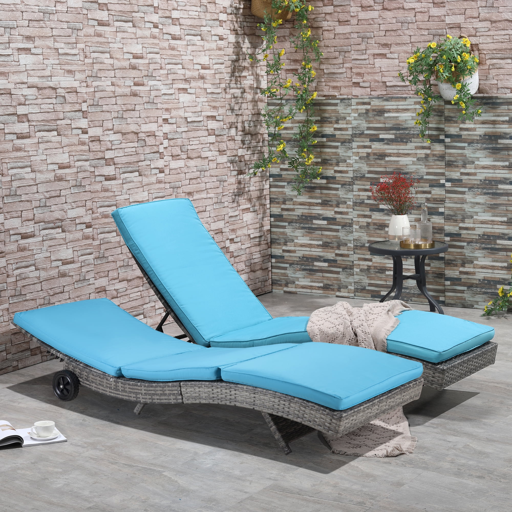 Sky Blue Cushioned Rattan Chaise Lounge Set with Adjustable Backrest