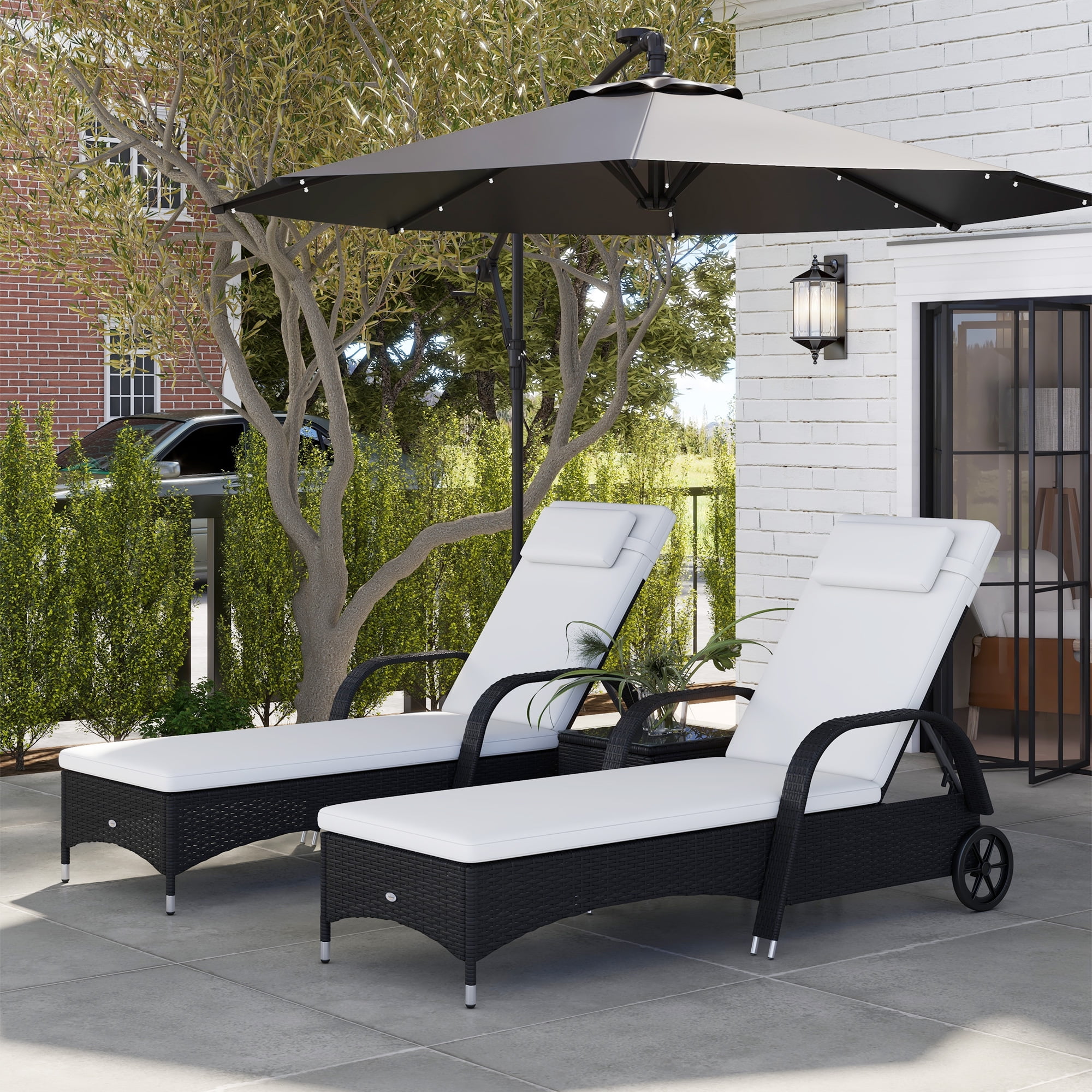 Black and White Adjustable Rattan Chaise Lounge Set with Cushions