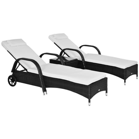 Outsunny Chaise Lounge Set of 2 with 5 Angle Backrest, Wheels, Armrests, Table, Cushions, PE Rattan Wicker Chairs, 3-Piece Pool Furniture Set, Black