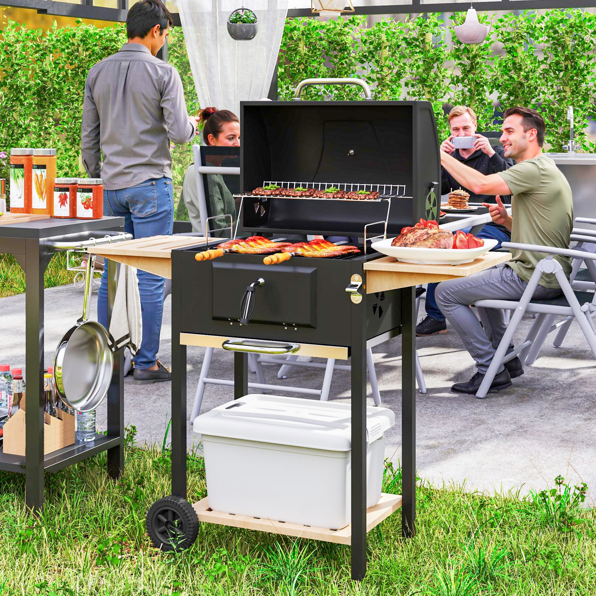 Outsunny Charcoal BBQ Grill with 245 sq. in. Cooking Area, Outdoor Barbecue Grill with Adjustable Charcoal Pan, 3 Shelves, Thermometer, Wheels, Black