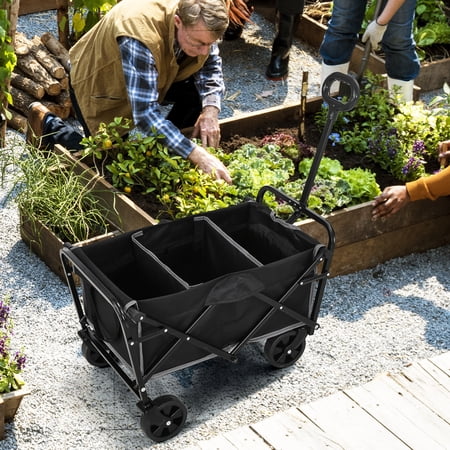 Outsunny Collapsible Utility Wagon, Heavy Duty Folding Cart, 132 lbs. Capacity Steel Frame, All-Terrain Wheels, Adjustable Handle, Bag, Black