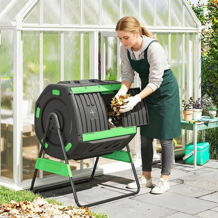 Outsunny Compost Bin Outdoor, 53 Gal Dual Chamber Tumbling Composter with Adjustable Vents, BPA Free Rotating Tumbling Composter, Green