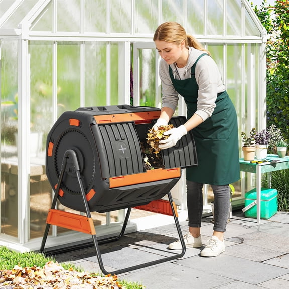 Outsunny Compost Bin Outdoor, 53 Gal Dual Chamber Tumbling Composter with Adjustable Vents, BPA Free Rotating Tumbling Composter, Orange