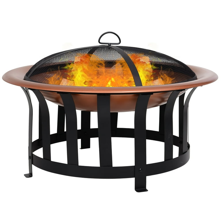 Outsunny Copper-Colored Round Metal Wood Fire Pit Bowl with Black Ornate Base, Poker, & Mesh Screen for Ember Protection Outsunny Copper-Colored Round Metal Wood Fire Pit Bowl with Black Ornate Base, Poker, & Mesh Screen for Ember Protection