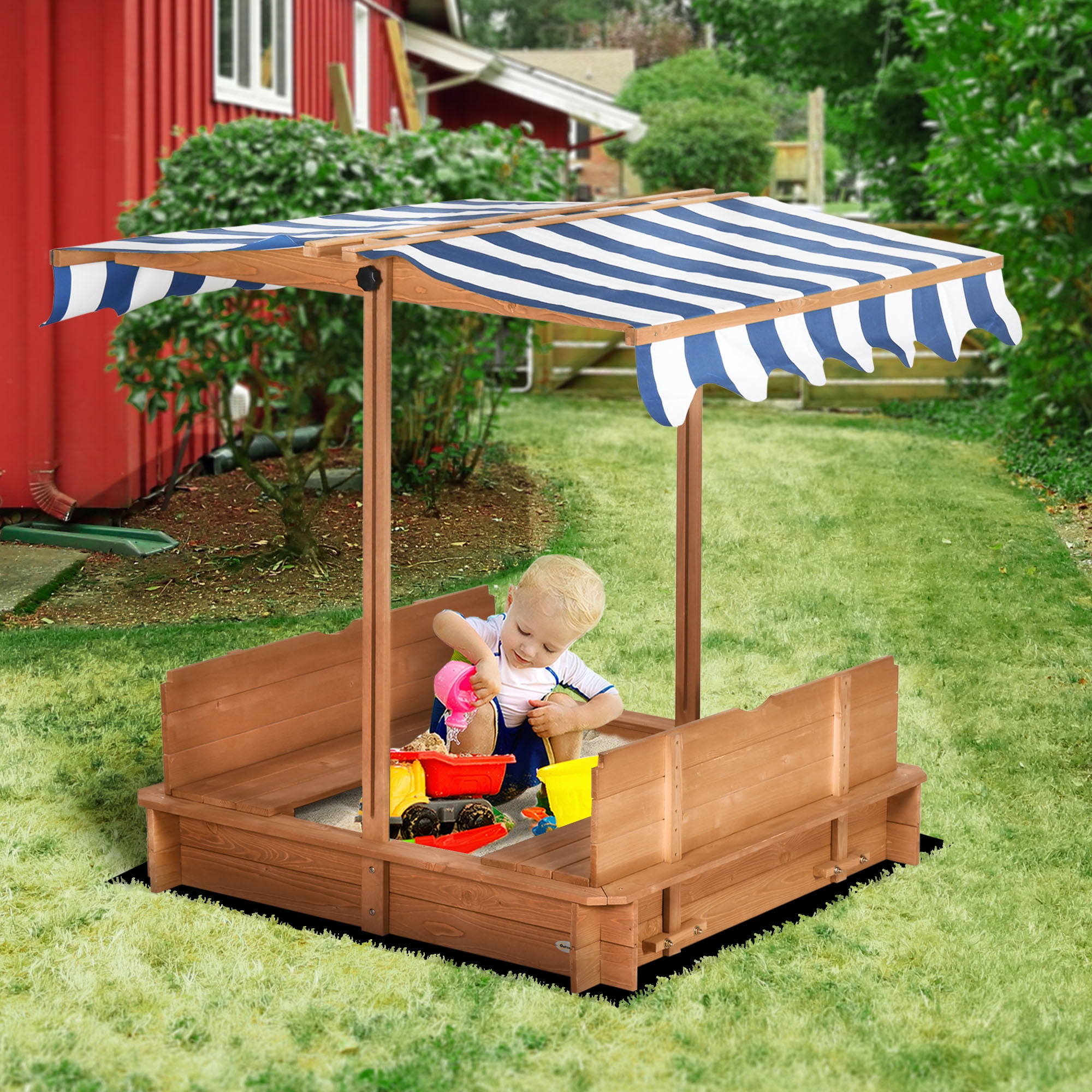Outsunny Kids' Wooden Sandbox with Covered Lid, Adjustable