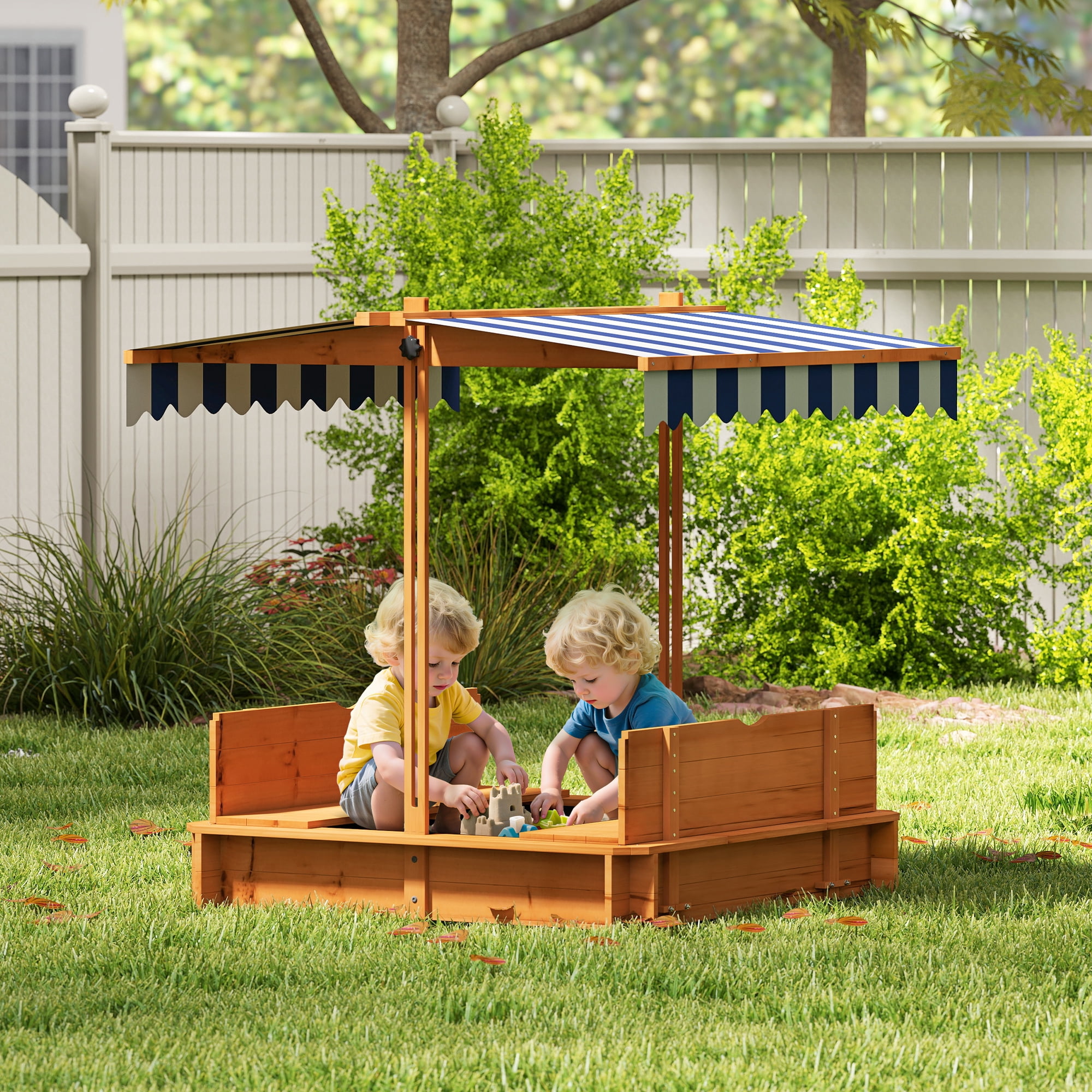 Outsunny Wooden Sandbox with Bench, Adjustable Canopy & Lid for 
