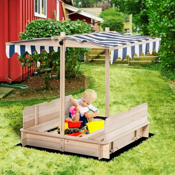 Outsunny Covered Sandbox with Lid & Adjustable Canopy for Kids, Wooden