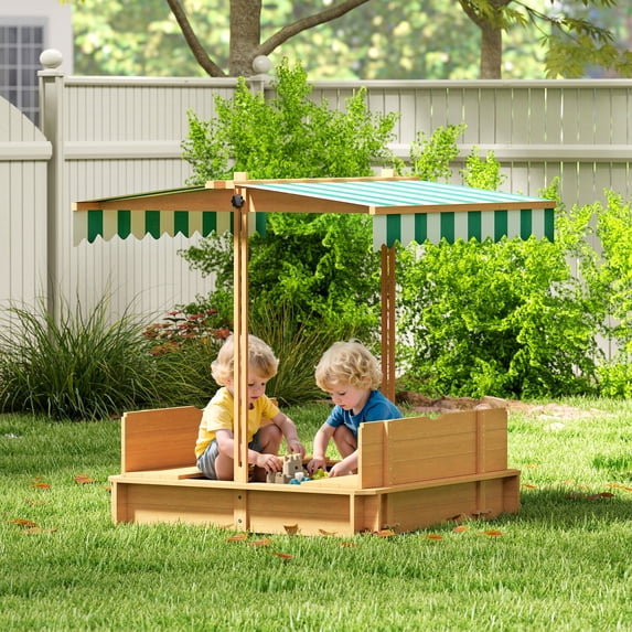 Outsunny Covered Sandbox with Lid with Adjustable Canopy for Kids, Outdoor Play Equipment Benches, Backyard Outdoor Activity Sensory Toy, Light Brown