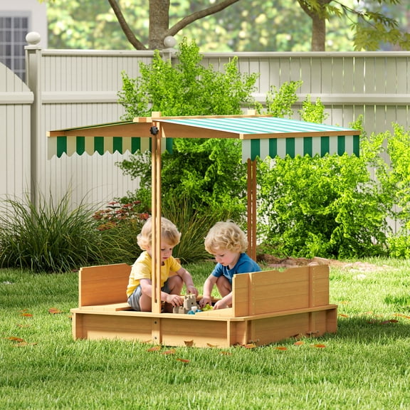 Outsunny Covered Sandbox with Lid with Adjustable Canopy for Kids, Outdoor Play Equipment Benches, Backyard Outdoor Activity Sensory Toy, Light Brown