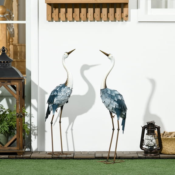 Outsunny Crane Garden Statues, 28.5" & 29" Standing Bird Sculptures, Metal Yard Art Decor, Landscape Decoration Set of 2, Blue