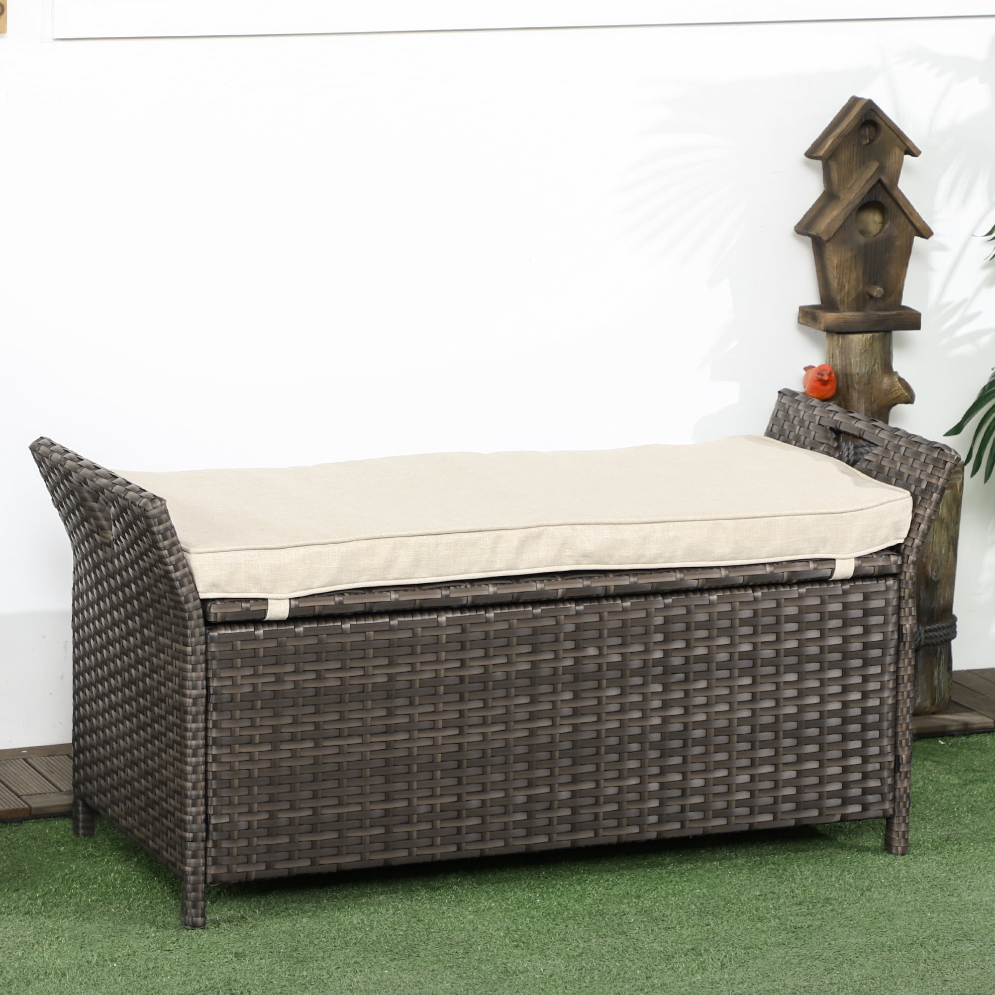 Cream White PE Wicker Outdoor Storage Bench with Cushion