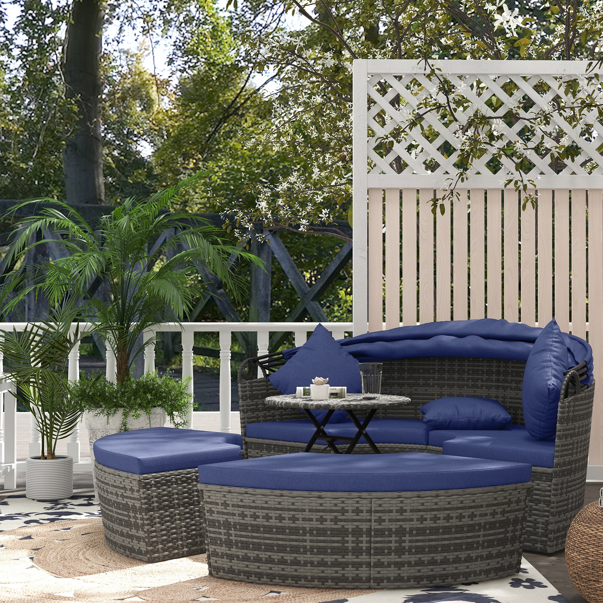 Outsunny Daybed Patio Furniture Set Chairs Sofa Table Ottoman Dark Blue