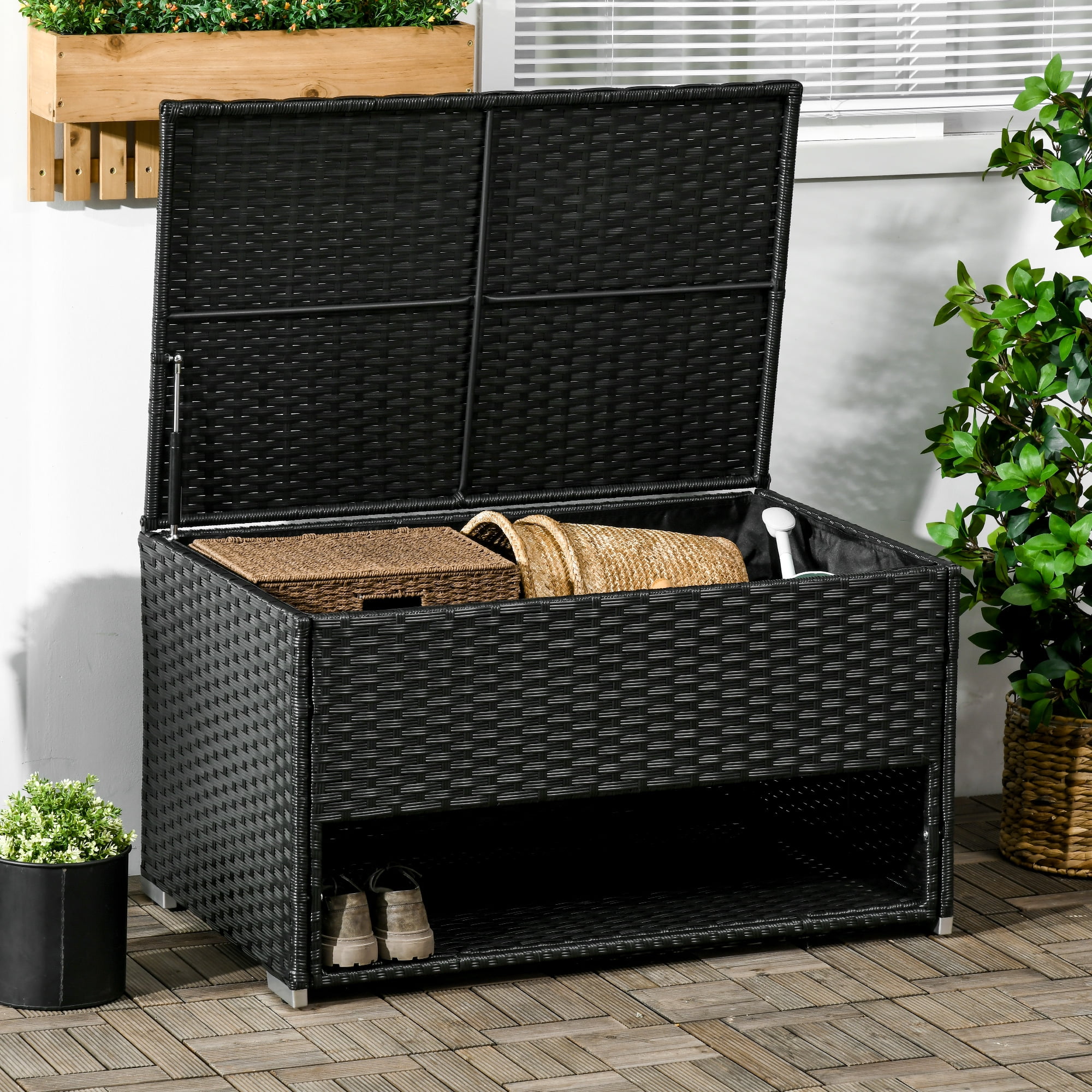 Black PE Wicker Outdoor Deck Box with Shelf