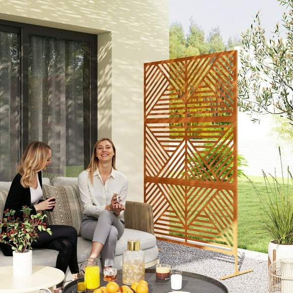 Outsunny Decorative Metal Outdoor Privacy Screen, Freestanding Privacy Fence Screen Outdoor Divider with Stand, 78" H x 48" W Rhombus Brown