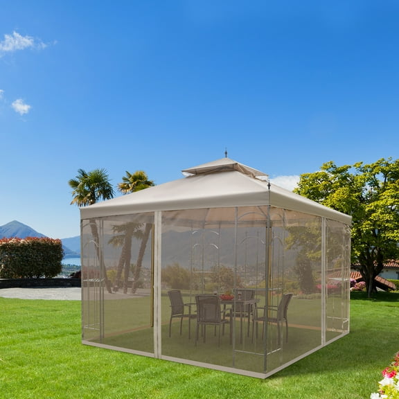 Outsunny 118" x 118" Steel Outdoor Patio Gazebo Canopy with Removable Mesh Curtains, Display Shelves, & Steel Frame, Brown