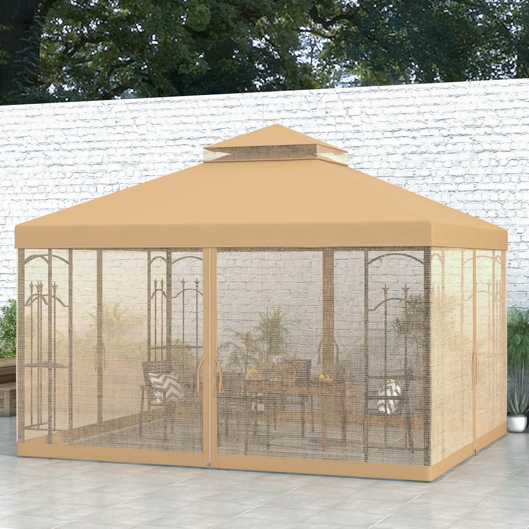 Outsunny Brown Steel Outdoor Patio Gazebo with Mesh Curtains and Shelves