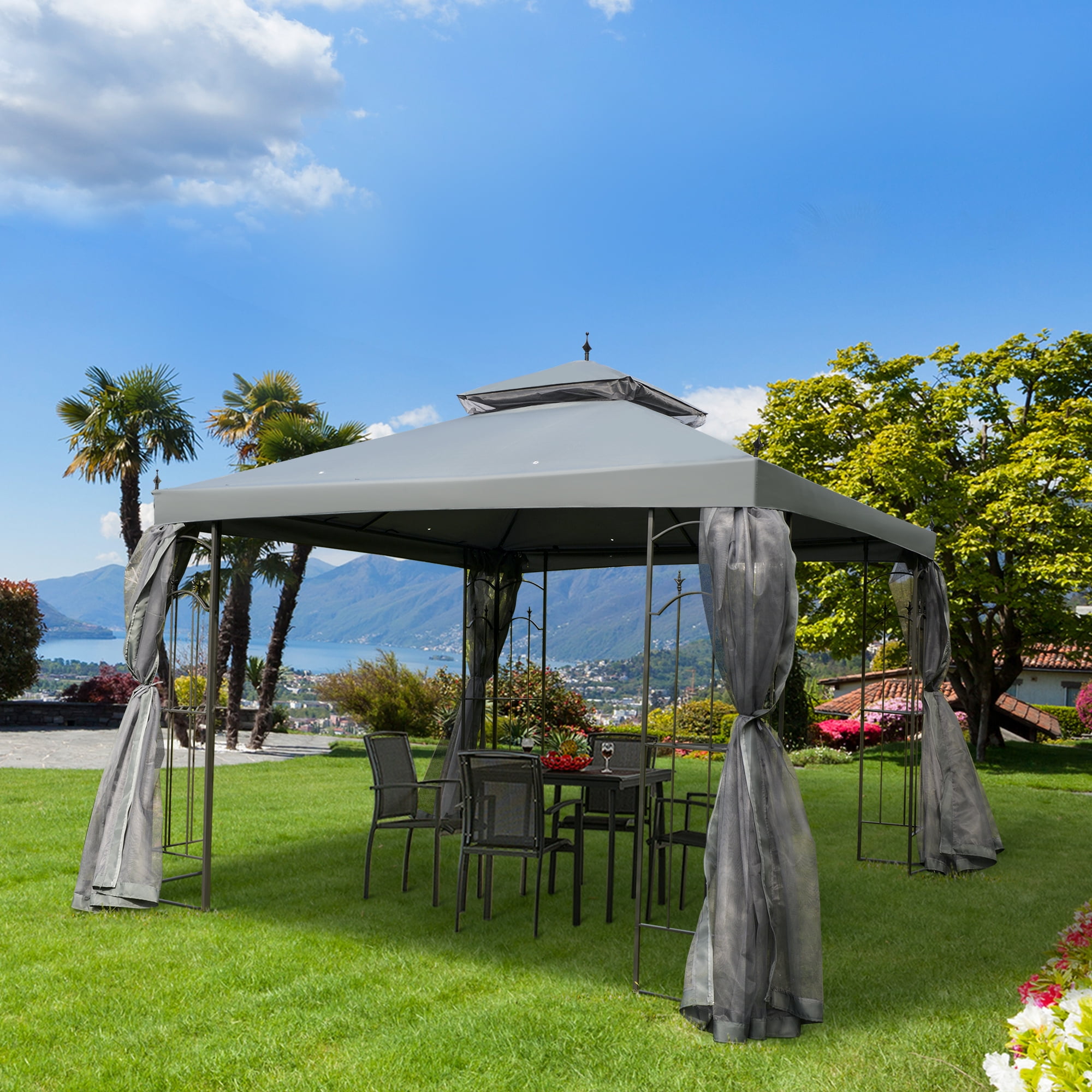 Gray Steel Outdoor Patio Gazebo Canopy with Mesh Curtains and Shelves
