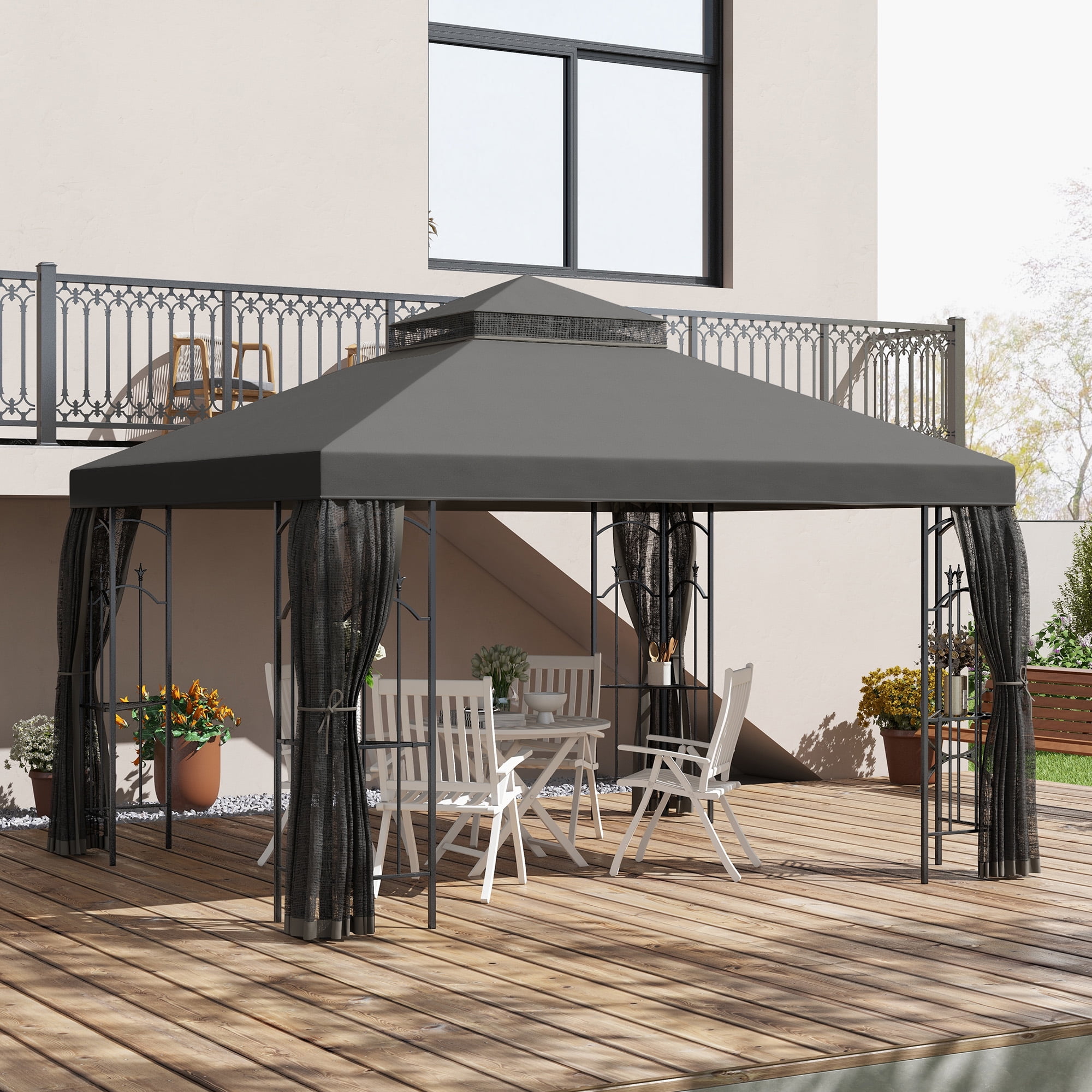 Gray Steel Patio Gazebo with Mesh Curtains and Shelves