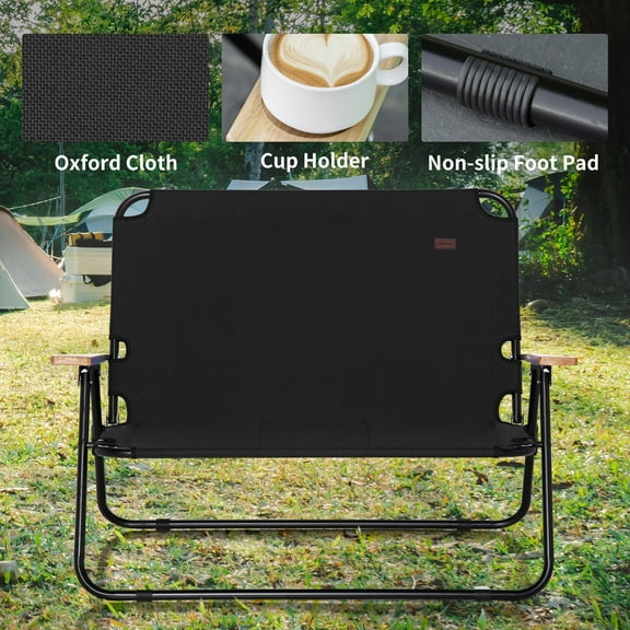 Outsunny Double Folding Camping Chair Loveseat for 2 Adults in Black - Portable Steel & Oxford Fabric Couch with Wood Armrests & Cupholders for Beach & Outdoors