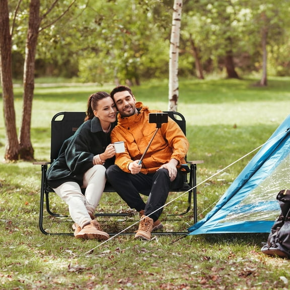 Outsunny Double Folding Camping Couch with Cupholders, Black