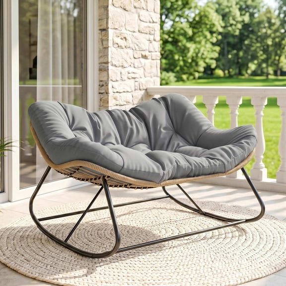 Outsunny Double Papasan Rocking Chair, Oversized Indoor Outdoor Rocking Egg Chair with Cushion, PE Wicker Outdoor Rocker for Patio Garden, Gray