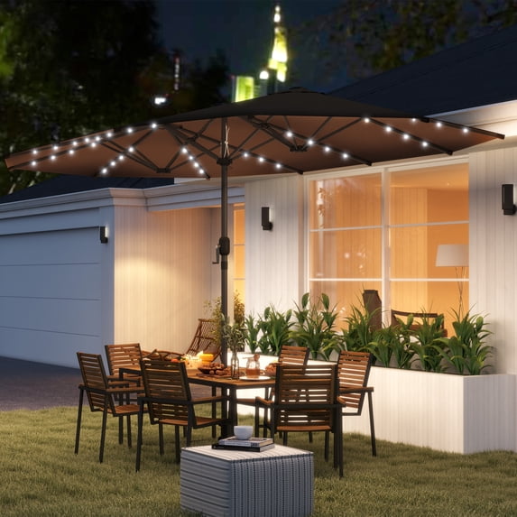 Outsunny Double-Sided Sun Umbrella, Outdoor Garden Parasol, Patio Sun Shade with LED Solar Light, Coffee
