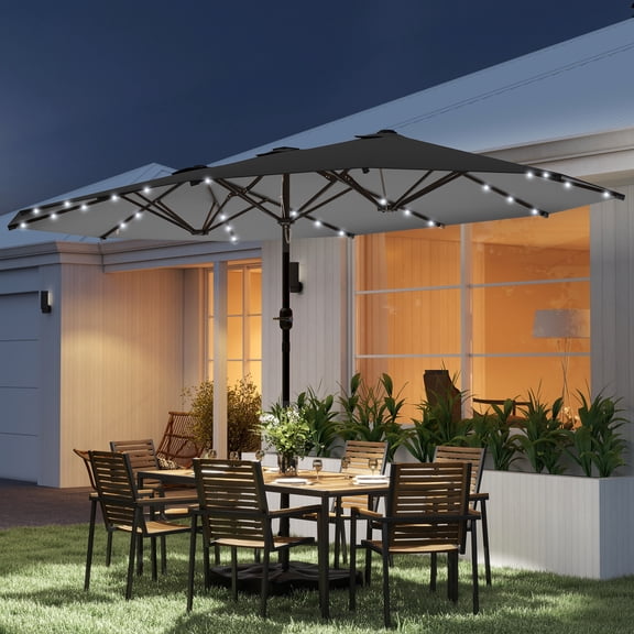 Outsunny Double-Sided Sun Umbrella, Outdoor Garden Parasol, Patio Sun Shade with LED Solar Light, Sand Base, Gray