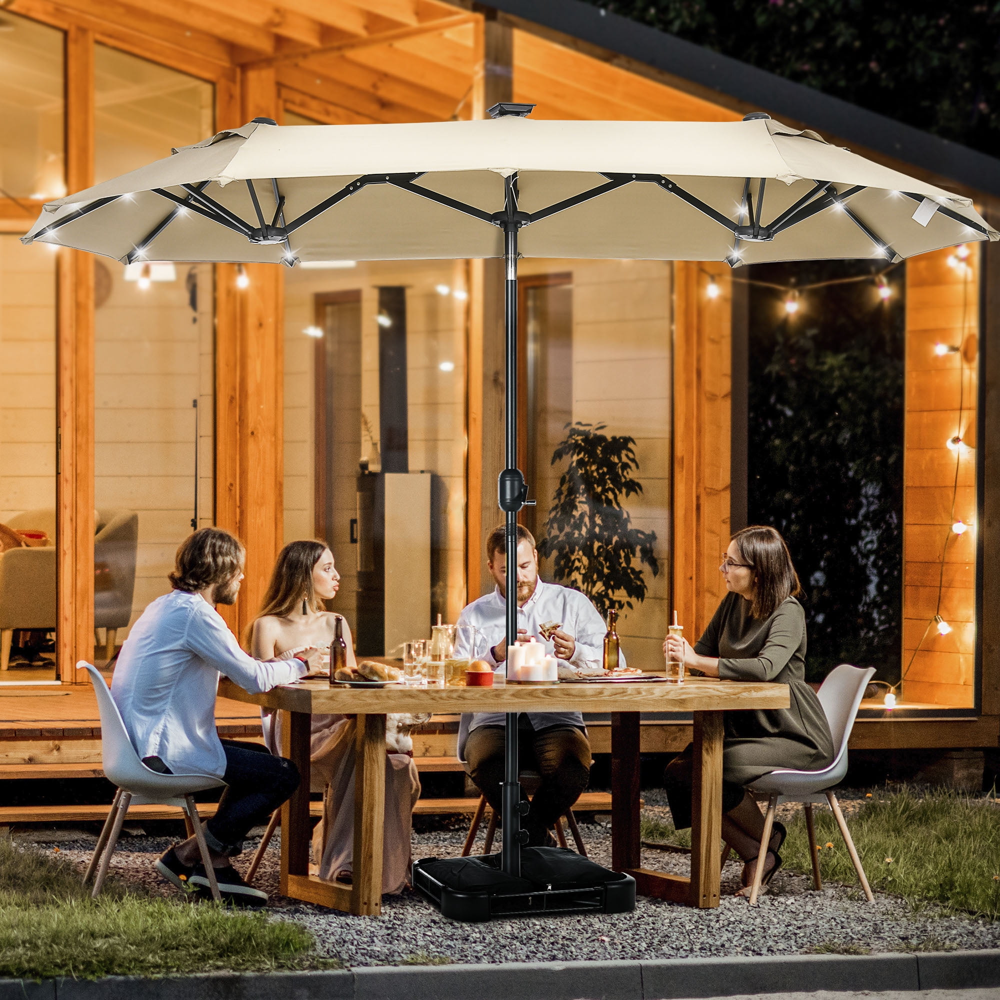 Outsunny Double-sided Patio Umbrella with Solar Lights, Base, Tilt ...