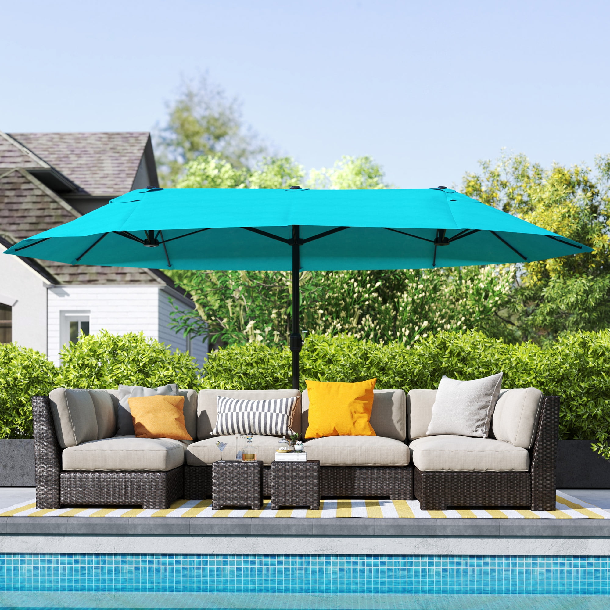 Outsunny Extra Large 15ft Patio Umbrella, Double-Sided Outdoor Umbrella with Crank Handle and Air Vents for Backyard, Deck, Pool, Market, Light Blue