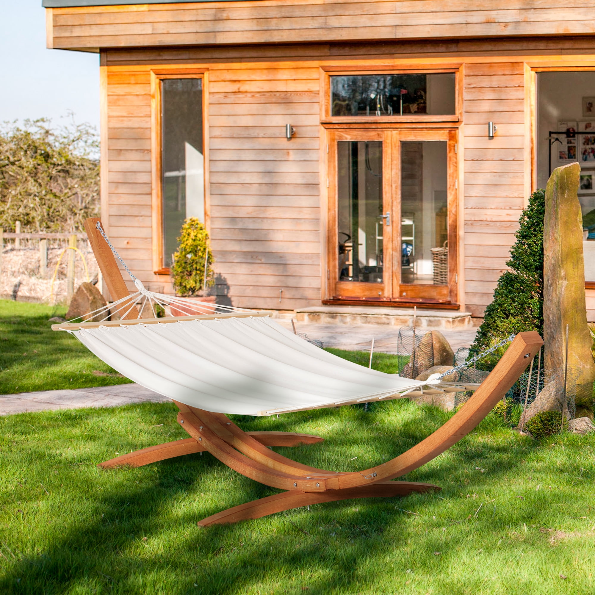 Outsunny Outdoor Hammock with Stand, Extra Large Heavy Duty Wooden Frame, No Tree Needed, 12.8' Indoor Outside Boho Nap Bed, Natural Cotton, White
