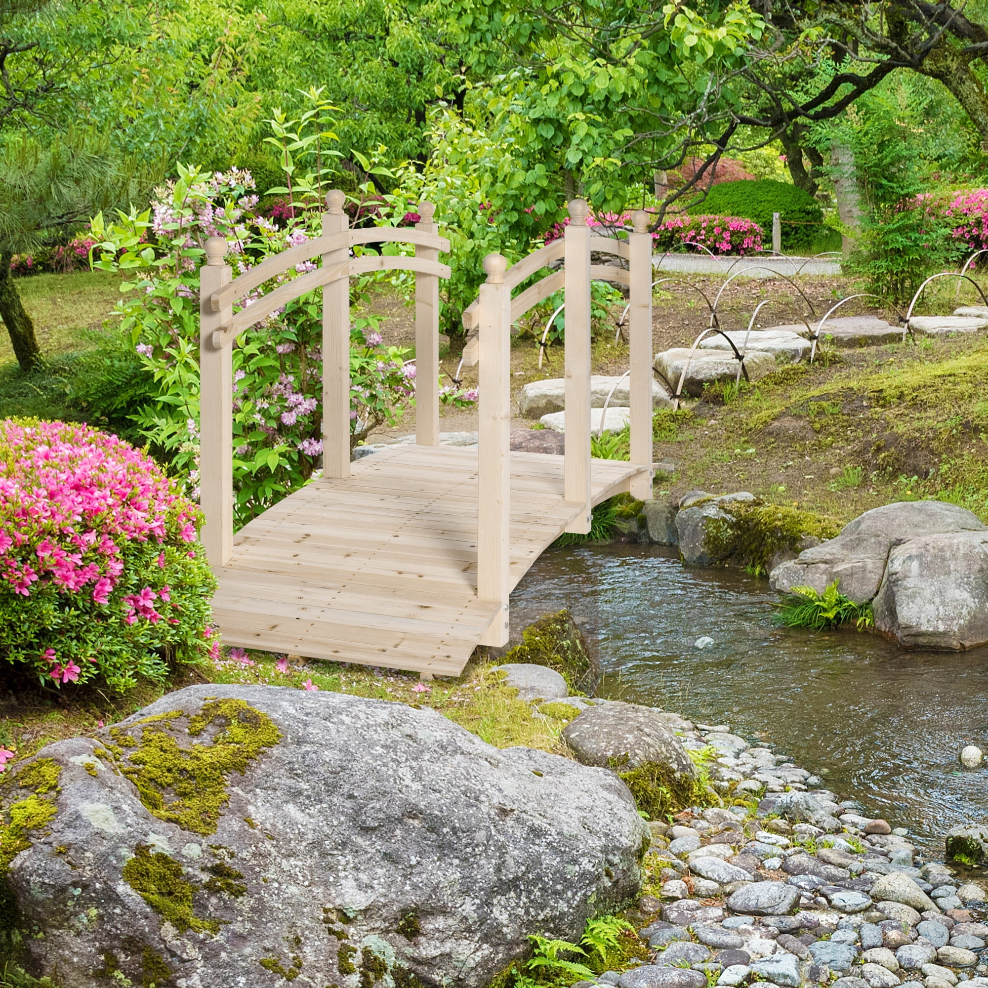 Natural Fir Wood Garden Bridge with Side Railings, 89.75"