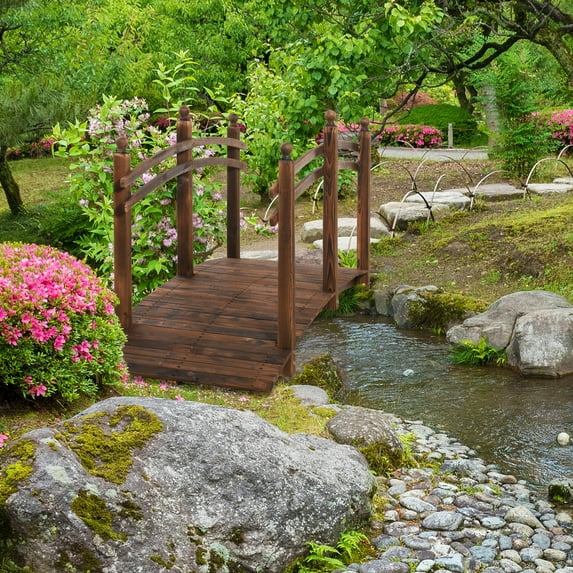 Outsunny Fir Wood Garden Bridge Arc Walkway with Side Railings for Backyards, Gardens, and Streams, Stained Wood, 89.75" x 29.5" x 43.25"