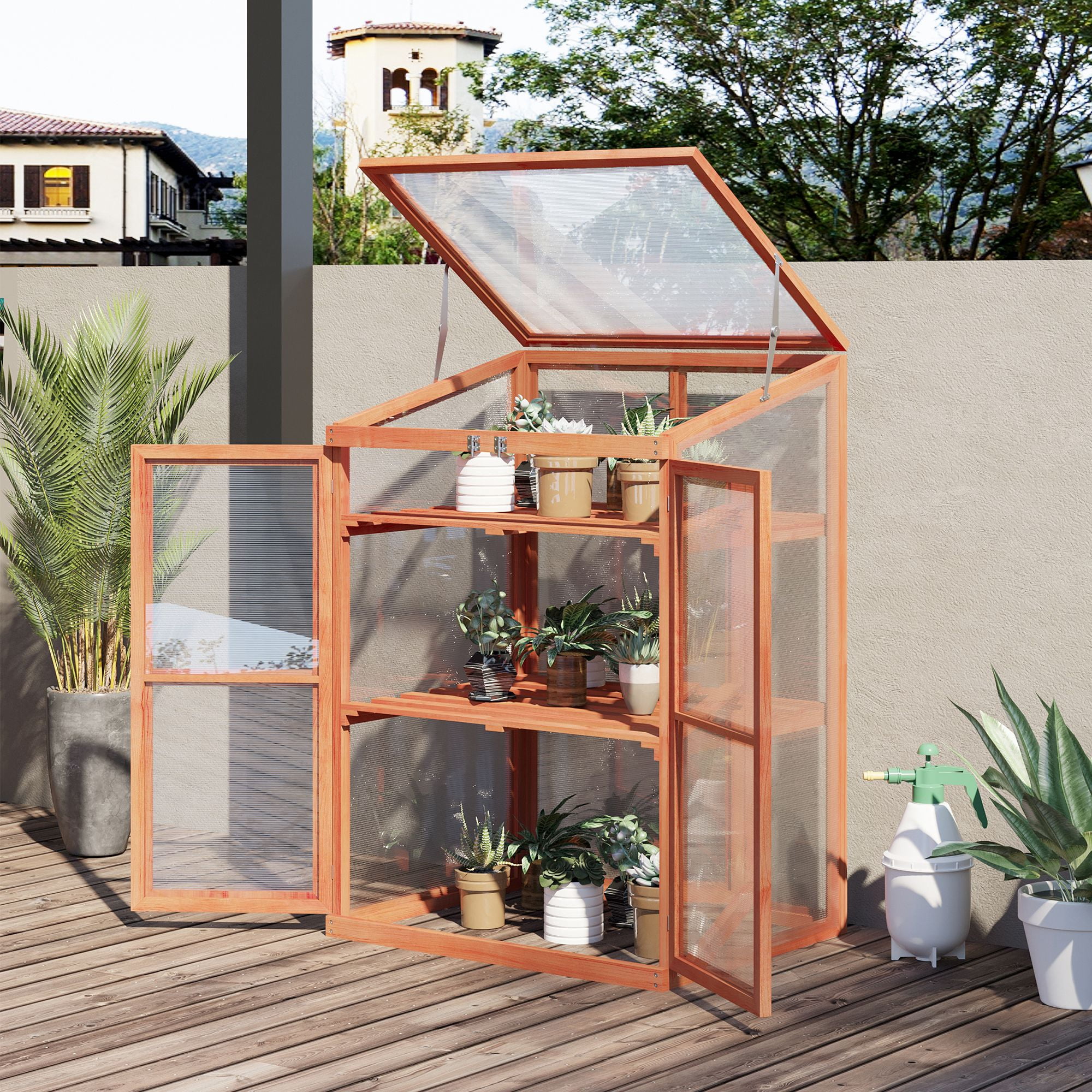 Natural Wood Mini Greenhouse with Adjustable Shelves and Transparent Panels