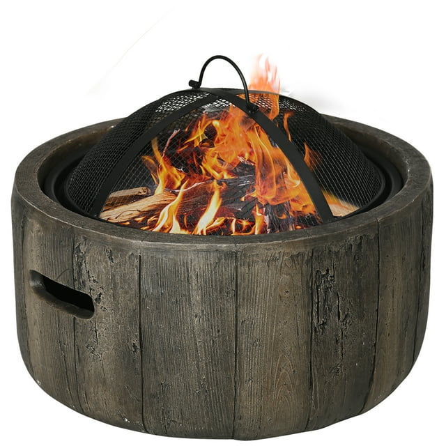 Outsunny Fire Pit with Spark Screen and Poker, 18" Wood-burning Bowl, Brown