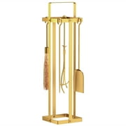 Outsunny Fireplace Tools Set Indoor Outdoor 5 Piece Heavy Duty Metal Fireplace Accessories Set with Brush Broom,Poker,Shovel,Tongs and Stand for Chimney,Gold,Gold Metal