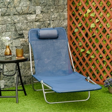 Outsunny Adjustable Reclining Beach Chair with Pillow - Set of 1, Dark Blue